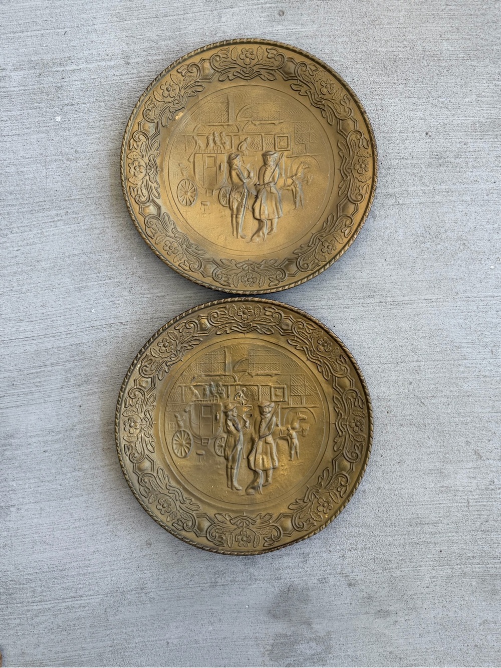 Vintage Brass Wall Plates Set of 2 Made in England Carriage Scene 16”
